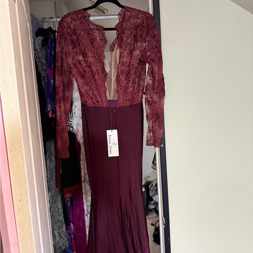 Long Sleeve Lace Bodice Evening Dress - Burgundy Brand New with tags